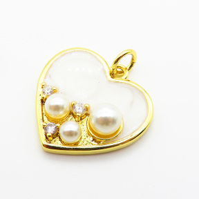 Brass Micro Pave Cubic Zirconia Enamel Pendants,with Plastic Imitation Pearls,Heart,Plated Gold,Mixed Color,Hole:2mm,18x20mm,about 3.1g/pc,5 pcs/package,XFPC05498aajl-L024