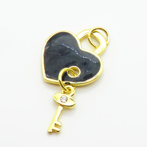 Brass Micro Pave Cubic Zirconia Enamel Pendants,Lock and Key,Plated Gold,Mixed Color,Hole:5mm,20x18mm,about 2.2g/pc,5 pcs/package,XFPC05540avja-L024