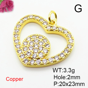 Brass Micro Pave Cubic Zirconia Pendants,Heart,Plated Gold,Hole:2mm,20x23mm,about 3.3g/pc,5 pcs/package,XFPC05547baka-L024
