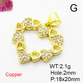 Brass Micro Pave Cubic Zirconia Pendants,Heart,Plated Gold,Hole:2mm,18x20mm,about 2.1g/pc,5 pcs/package,XFPC05550aajl-L024