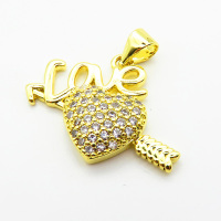 Brass Micro Pave Cubic Zirconia Pendants,Heart and Arrow,with Word Love,Plated Gold,Hole:2mm,16x23mm,about 2.2g/pc,5 pcs/package,XFPC05559aajl-L024