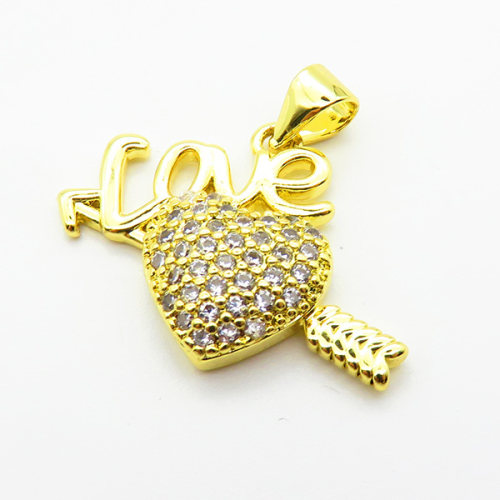 Brass Micro Pave Cubic Zirconia Pendants,Heart and Arrow,with Word Love,Plated Gold,Hole:2mm,16x23mm,about 2.2g/pc,5 pcs/package,XFPC05559aajl-L024