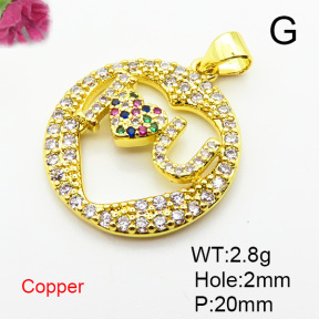 Brass Micro Pave Cubic Zirconia Pendants,Round,with Word I Love U,Plated Gold,Hole:2mm,20mm,about 2.8g/pc,5 pcs/package,XFPC05562baka-L024