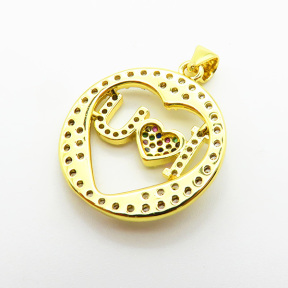 Brass Micro Pave Cubic Zirconia Pendants,Round,with Word I Love U,Plated Gold,Hole:2mm,20mm,about 2.8g/pc,5 pcs/package,XFPC05562baka-L024