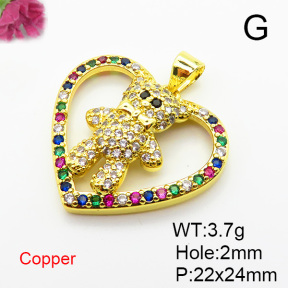 Brass Micro Pave Cubic Zirconia Pendants,Heart,Bear,Plated Gold,Hole:2mm,22x24mm,about 3.7g/pc,5 pcs/package,XFPC05565aakl-L024