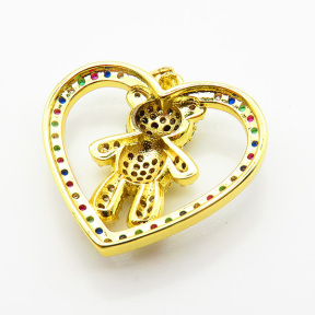 Brass Micro Pave Cubic Zirconia Pendants,Heart,Bear,Plated Gold,Hole:2mm,22x24mm,about 3.7g/pc,5 pcs/package,XFPC05565aakl-L024