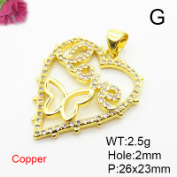 Brass Micro Pave Cubic Zirconia Pendants,Heart,Butterfly,with Word Love,Plated Gold,Hole:2mm,26x23mm,about 2.5g/pc,5 pcs/package,XFPC05571baka-L024
