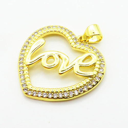 Brass Micro Pave Cubic Zirconia Pendants,Heart,with Word Love,Plated Gold,Hole:2mm,21x22mm,about 2.5g/pc,5 pcs/package,XFPC05573aajl-L024