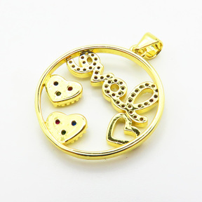 Brass Micro Pave Cubic Zirconia Pendants,Round,Heart,with Word Love,Plated Gold,Hole:2mm,22mm,about 2.8g/pc,5 pcs/package,XFPC05576baka-L024