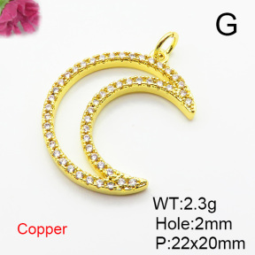 Brass Micro Pave Cubic Zirconia Pendants,Moon,Plated Gold,Hole:2mm,22x20mm,about 2.3g/pc,5 pcs/package,XFPC05579aajl-L024