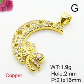 Brass Micro Pave Cubic Zirconia Pendants,Moon and Dragonfly,Plated Gold,Hole:2mm,21x16mm,about 1.9g/pc,5 pcs/package,XFPC05582aajl-L024