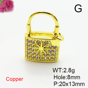 Brass Micro Pave Cubic Zirconia Pendants,Lock,Plated Gold,Hole:8mm,20x13mm,about 2.8g/pc,5 pcs/package,XFPC05585aajl-L024