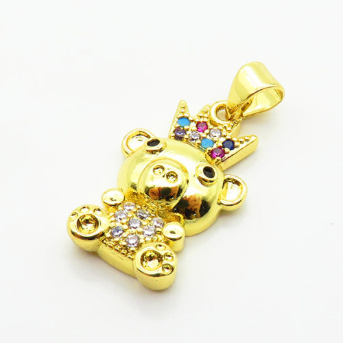 Brass Micro Pave Cubic Zirconia Pendants,Bear,Plated Gold,Hole:2mm,20x13mm,about 3.2g/pc,5 pcs/package,XFPC05591avja-L024