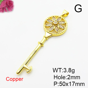 Brass Micro Pave Cubic Zirconia Pendants,Key,Plated Gold,Hole:2mm,50x17mm,about 3.8g/pc,5 pcs/package,XFPC05597baka-L024