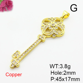Brass Micro Pave Cubic Zirconia Pendants,Key,Plated Gold,Hole:2mm,45x17mm,about 3.8g/pc,5 pcs/package,XFPC05600baka-L024
