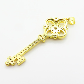 Brass Micro Pave Cubic Zirconia Pendants,Key,Plated Gold,Hole:2mm,45x17mm,about 3.8g/pc,5 pcs/package,XFPC05600baka-L024
