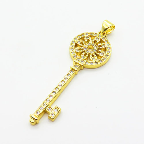 Brass Micro Pave Cubic Zirconia Pendants,Key,Plated Gold,Hole:2mm,40x15mm,about 3.2g/pc,5 pcs/package,XFPC05603baka-L024
