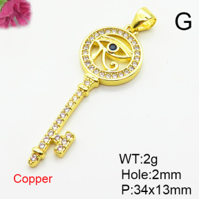 Brass Micro Pave Cubic Zirconia Pendants,Key and Eye,Plated Gold,Hole:2mm,34x13mm,about 2g/pc,5 pcs/package,XFPC05606aajl-L024