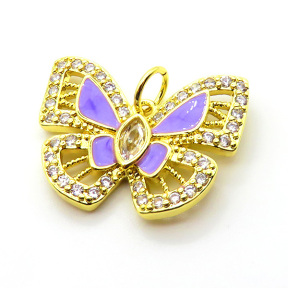 Brass Micro Pave Cubic Zirconia Pendants,with Enamel,Butterfly,Plated Gold,Mixed Color,18x24mm,Hole:2mm,about 3.7g/pc,5 pcs/package,XFPC05637baka-L024