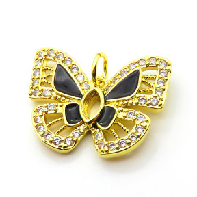 Brass Micro Pave Cubic Zirconia Pendants,with Enamel,Butterfly,Plated Gold,Mixed Color,18x24mm,Hole:2mm,about 3.7g/pc,5 pcs/package,XFPC05637baka-L024
