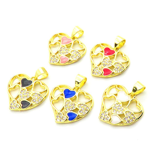 Brass Micro Pave Cubic Zirconia Pendants,with Enamel,Heart,Plated Gold,Mixed Color,20mm,Hole:2mm,about 1.5g/pc,5 pcs/package,XFPC05680aajl-L024