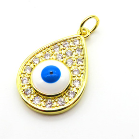 Brass Micro Pave Cubic Zirconia Pendants,with Enamel,Water Droplets,Devil's Eye,Plated Gold,Mixed Color,23x17mm,Hole:2mm,about 3.6g/pc,5 pcs/package,XFPC05691baka-L024