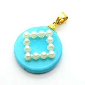 Brass Shell Beads Pendants,with Plastic Imitation Pearls,Round,Plated Gold,Sky Blue,18mm,Hole:2mm,about 2.1g/pc,5 pcs/package,XFPC05752aajl-L024