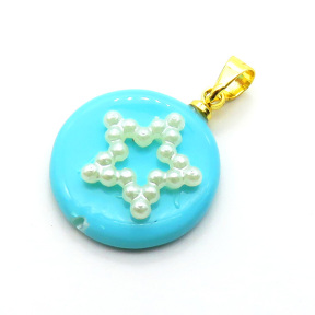 Brass Shell Beads Pendants,with Plastic Imitation Pearls,Round,Plated Gold,Sky Blue,18mm,Hole:2mm,about 2.1g/pc,5 pcs/package,XFPC05752aajl-L024
