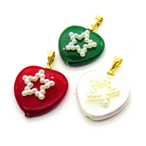 Brass Shell Beads Pendants,with Plastic Imitation Pearls,Heart,Pentagram,Plated Gold,Mixed Color,20mm,Hole:2mm,about 2.7g/pc,5 pcs/package,XFPC05781aajl-L024