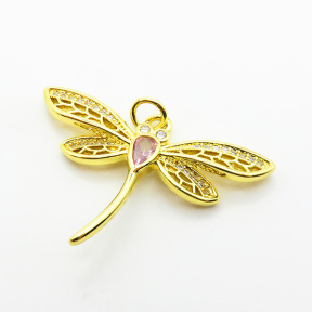 Brass Micro Pave Cubic Zirconia Pendants,Dragonfly,Plated Gold,Mixed Color,22x32mm,Hole:2mm,about 2.5g/pc,5 pcs/package,XFF05866baka-L017
