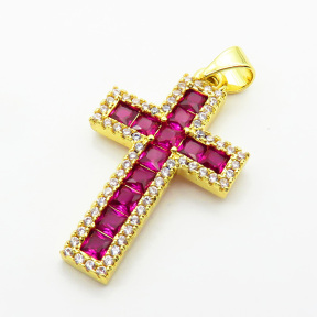 Brass Micro Pave Cubic Zirconia Pendants,Cross,Plated Gold,Mixed Color,24x16mm,Hole:2mm,about 2.5g/pc,5 pcs/package,XFF05877ablb-L017