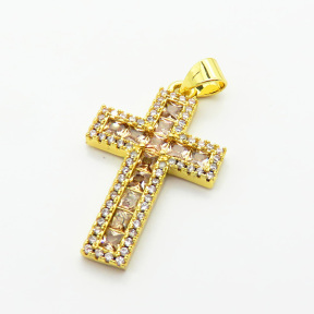 Brass Micro Pave Cubic Zirconia Pendants,Cross,Plated Gold,Mixed Color,24x16mm,Hole:2mm,about 2.5g/pc,5 pcs/package,XFF05877ablb-L017
