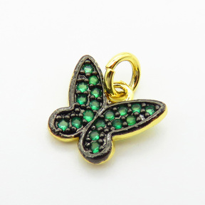 Brass Micro Pave Cubic Zirconia Pendants,Butterfly,Plated Gold & Black,Mixed Color,10x11mm,Hole:2mm,about 0.7g/pc,5 pcs/package,XFF05894avja-L017