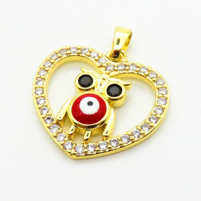 Brass Micro Pave Cubic Zirconia Pendants,with Enamel,Heart,Owl,Plated Gold,Mixed Color,18x20mm,Hole:2mm,about 2.1g/pc,5 pcs/package,XFPC06259avja-L024