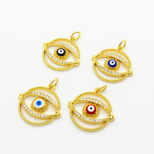 Brass Micro Pave Cubic Zirconia Pendants,with Enamel,Devil's Eye,Plated Gol,Mixed Color,16x19mm,Hole:2mm,about 1.6g/pc,5 pcs/package,XFPC06268avja-L024