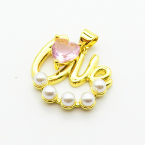 Brass Cubic Zirconia Pendants,with Plastic Imitation Pearls,Heart,Love,Plated Gold,Mixed Color,20mm,Hole:2mm,about 3g/pc,5 pcs/package,XFPC06284aajl-L024