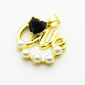Brass Cubic Zirconia Pendants,with Plastic Imitation Pearls,Heart,Love,Plated Gold,Mixed Color,20mm,Hole:2mm,about 3g/pc,5 pcs/package,XFPC06284aajl-L024