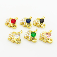 Brass Cubic Zirconia Pendants,with Plastic Imitation Pearls,Elephant,Plated Gold,Mixed Color,15x20mm,Hole:2mm,about 2.8g/pc,5 pcs/package,XFPC06295aajl-L024