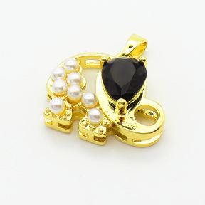 Brass Cubic Zirconia Pendants,with Plastic Imitation Pearls,Elephant,Plated Gold,Mixed Color,15x20mm,Hole:2mm,about 2.8g/pc,5 pcs/package,XFPC06295aajl-L024