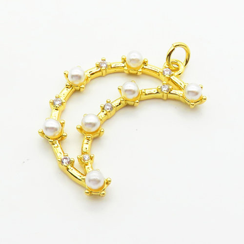 Brass Micro Pave Cubic Zirconia Pendants,with Plastic Imitation Pearls,Moon,Plated Gold,25x20mm,Hole:2mm,about 2.1g/pc,5 pcs/package,XFPC06315aajl-L024