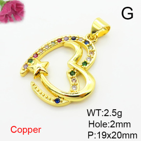 Brass Micro Pave Cubic Zirconia Pendants,Heart,Plated Gold,19x20mm,Hole:2mm,about 2.5g/pc,5 pcs/package,XFPC06327aajl-L024