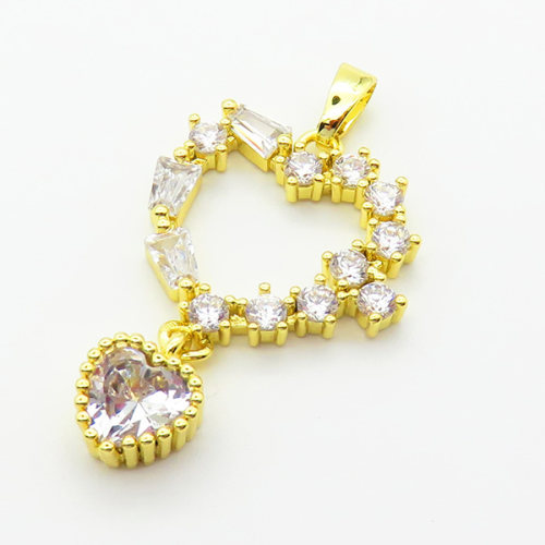 Brass Cubic Zirconia Pendants,Heart,Plated Gold,16x19mm,Hole:2mm,about 2.8g/pc,5 pcs/package,XFPC06330baka-L024