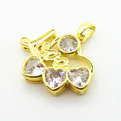 Brass Cubic Zirconia Pendants,Heart,Plated Gold,16x21mm,Hole:2mm,about 2.4g/pc,5 pcs/package,XFPC06342aajl-L024