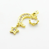Brass Cubic Zirconia Pendants,Moon,Plated Gold,16mm,Hole:2mm,about 2.6g/pc,5 pcs/package,XFPC06357aajl-L024