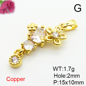 Brass Cubic Zirconia Pendants,Flower,Plated Gold,15x10mm,Hole:2mm,about 1.7g/pc,5 pcs/package,XFPC06363aajl-L024