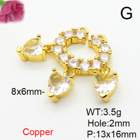 Brass Cubic Zirconia Pendants,C-shaped,with Heart,Plated Gold,13x16mm,Hole:2mm,about 3.5g/pc,5 pcs/package,XFPC06387baka-L024