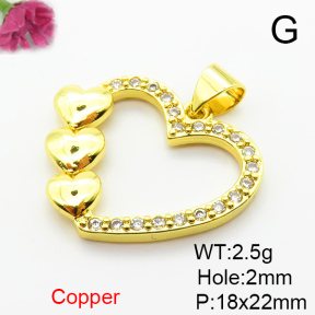 Brass Micro Pave Cubic Zirconia Pendants,Heart,Plated Gold,18x22mm,Hole:2mm,about 2.5g/pc,5 pcs/package,XFPC06393aajl-L024