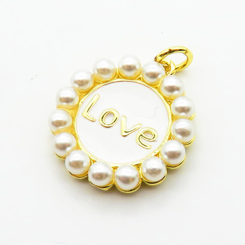 Brass Plastic Imitation Pearls & Enamel Pendants,Round,with Love,Plated Gold,18mm,Hole:2mm,about 2.6g/pc,5 pcs/package,XFPC06405aajl-L024