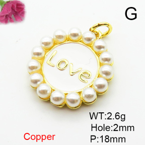Brass Plastic Imitation Pearls & Enamel Pendants,Round,with Love,Plated Gold,18mm,Hole:2mm,about 2.6g/pc,5 pcs/package,XFPC06405aajl-L024