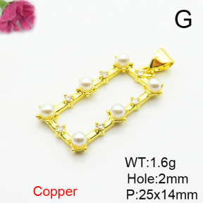 Brass Micro Pave Cubic Zirconia Pendants,with Plastic Imitation Pearls,Rectangle,Plated Gold,25x14mm,Hole:2mm,about 1.6g/pc,5 pcs/package,XFPC06408aajl-L024